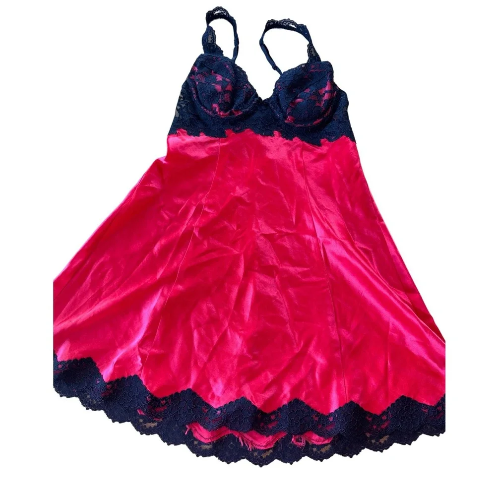 Y2K Victoria Secret Lingerie Set Women S Red Black Lace Satin Robe Slip Babydoll - Picture 2 of 16